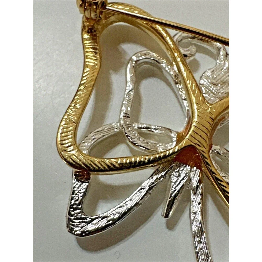 Vintage Two-Tone Butterfly Brooch Gold & Silver Tone Modernist Openwork Pin 1.5